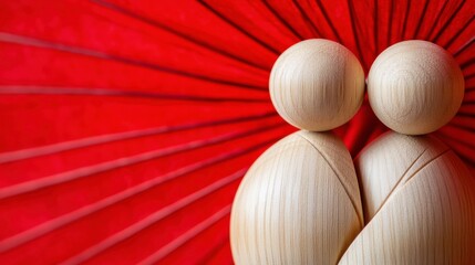 Wooden Figurines Embracing with Vibrant Red Background Art
