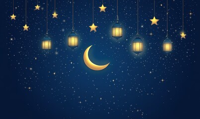 Naklejka premium Night sky Ramadan lanterns and crescent moon background