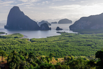 High angle nature background from a beautiful viewpoint of the mountain in the middle of the sea in...