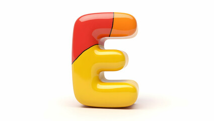 Cartoon-style letter E with a playful design. Three-tone, red, orange, and yellow, glossy and smooth, isolated on a white background.