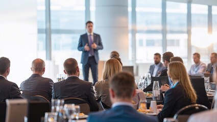Obraz premium Speaker presenting at business presentation convention. Coaching, education workshop, lecture in seminar hall, convention center concept