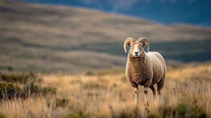 Obraz premium Majestic Mountain Sheep Standing Proudly in Open Grassland During Golden Hour : Generative AI