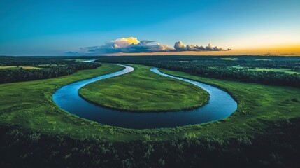 Obraz premium Serene River Landscape Sunset Panorama Aerial View Nature Photography