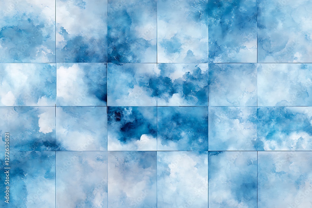 Poster abstract blue background with a pattern of ice cubes and white clouds
