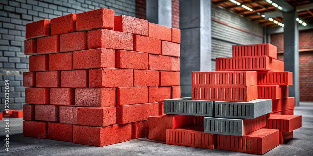 Poster stacked red bricks and concrete blocks - construction material texture background