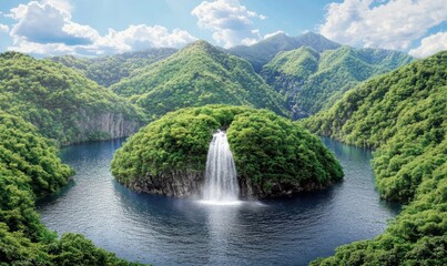 Fototapeta premium Lush Green Mountain Landscape Featuring a Majestic Waterfall Cascading into a Serene Lake