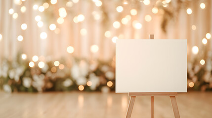 Obraz premium A 36 x 24-inch empty prom welcome sign mockup displayed on a vintage-style wooden easel. The background showcases a dreamy prom setup with cascading string lights, delicate floral centerpieces, and a