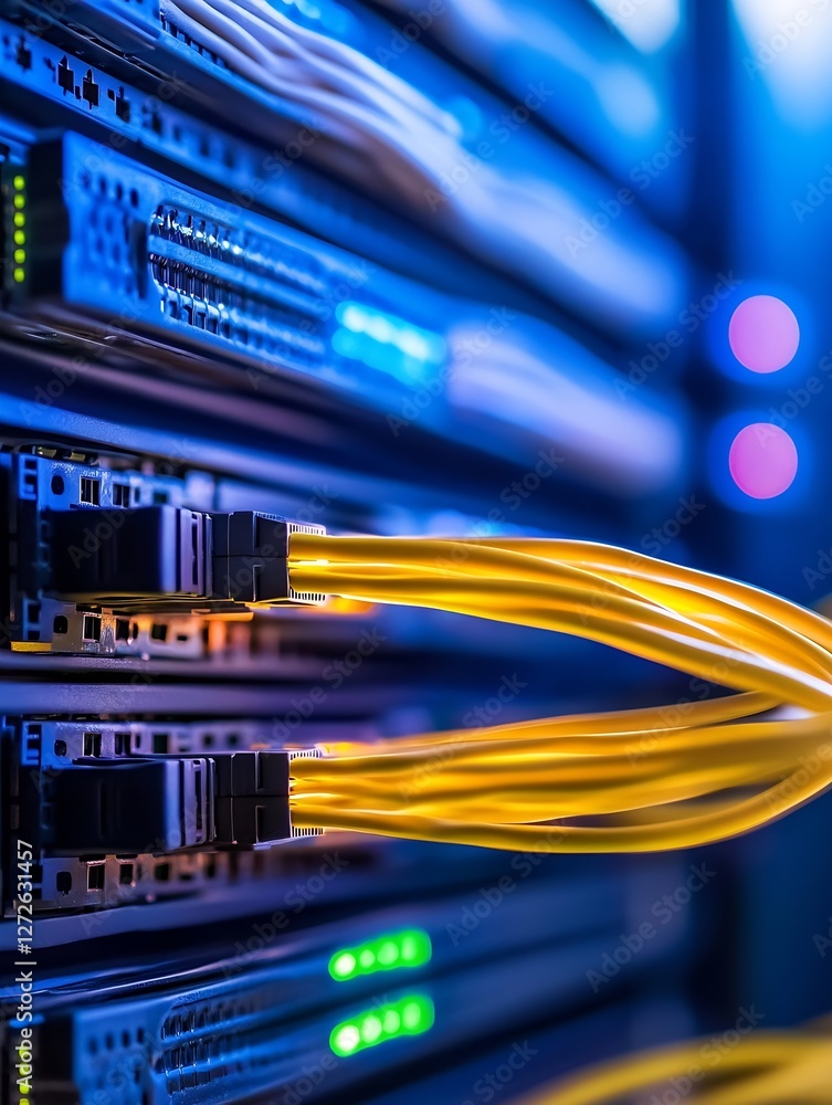 Aufkleber high-tech network server close-up showcasing bright yellow cables with led indicators in data center