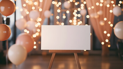 A blank 36 x 24-inch prom welcome sign mockup stands on a sleek wooden easel at the entrance of a decorated high school gym. The background glows with string lights, floating balloons, and shimmering