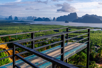 High angle nature background from a beautiful viewpoint of the mountain in the middle of the sea in...