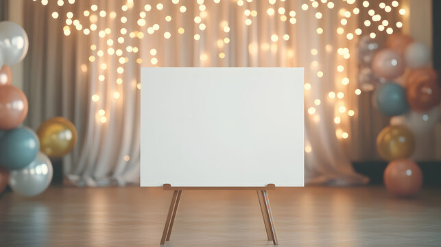 A blank 36 x 24-inch prom welcome sign mockup stands on a sleek wooden easel at the entrance of a decorated high school gym. The background glows with string lights, floating balloons, and shimmering