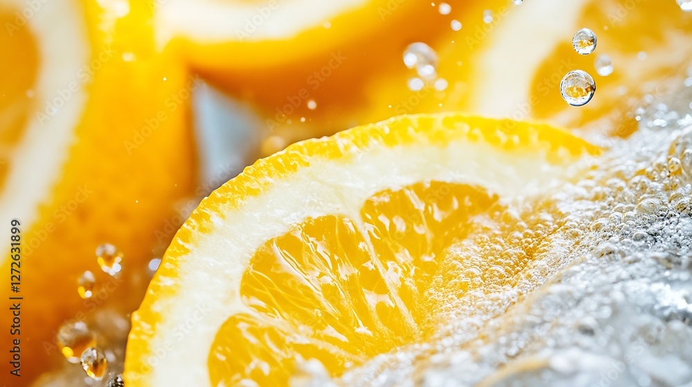 Poster fresh and juicy lemon slices in sparkling water with bubbles for refreshing beverage and food photog