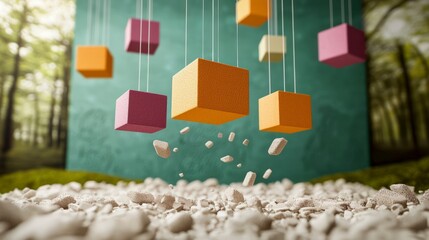 Abstract Colorful Cubes Falling  3D Render  Nature Background