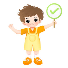 Kid carrying correct sign with thumbsup or ok hand gesture watercolor illustration