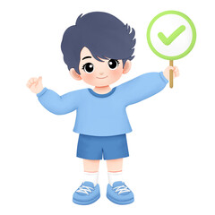 Kid carrying correct sign with thumbsup or ok hand gesture watercolor illustration