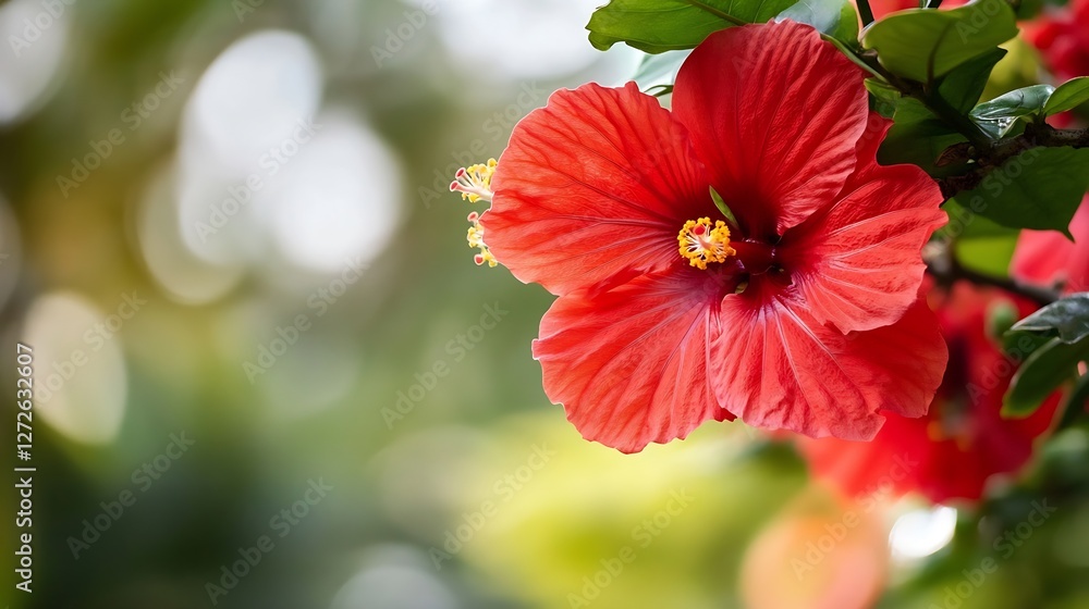 Poster close up of bright red hibiscus flower with soft background bokeh : generative ai