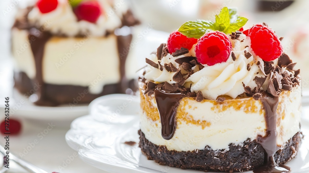 Poster delicious dessert of cheesecake topped with raspberries and chocolate drizzle on a elegant plate : g