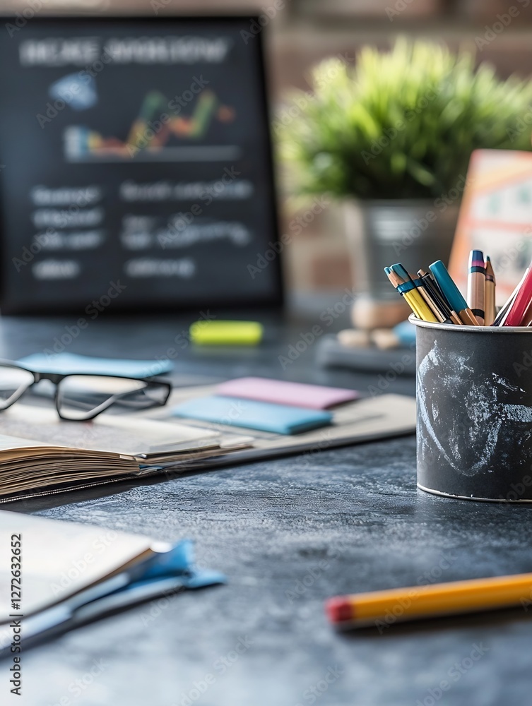 Poster Modern Workspace with Creative Notebooks Pens and Plant Featuring Graphs and Charts on a Blackboard : Generative AI