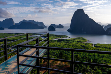 High angle nature background from a beautiful viewpoint of the mountain in the middle of the sea in...