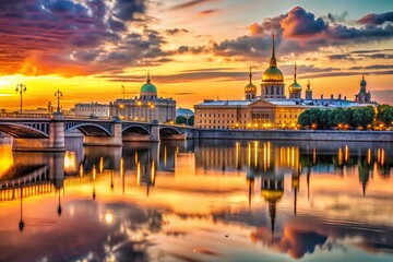 Obraz premium St. Petersburg Panorama: Bolshaya Neva River & Cityscape at Sunset
