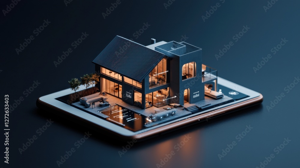 Poster showcasing futuristic smart home automation virtual space holographic interface modern environment i
