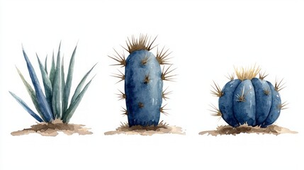 Fototapeta premium Watercolor Desert Plants Blue Cactus Agave Botanical Illustration Nature Art