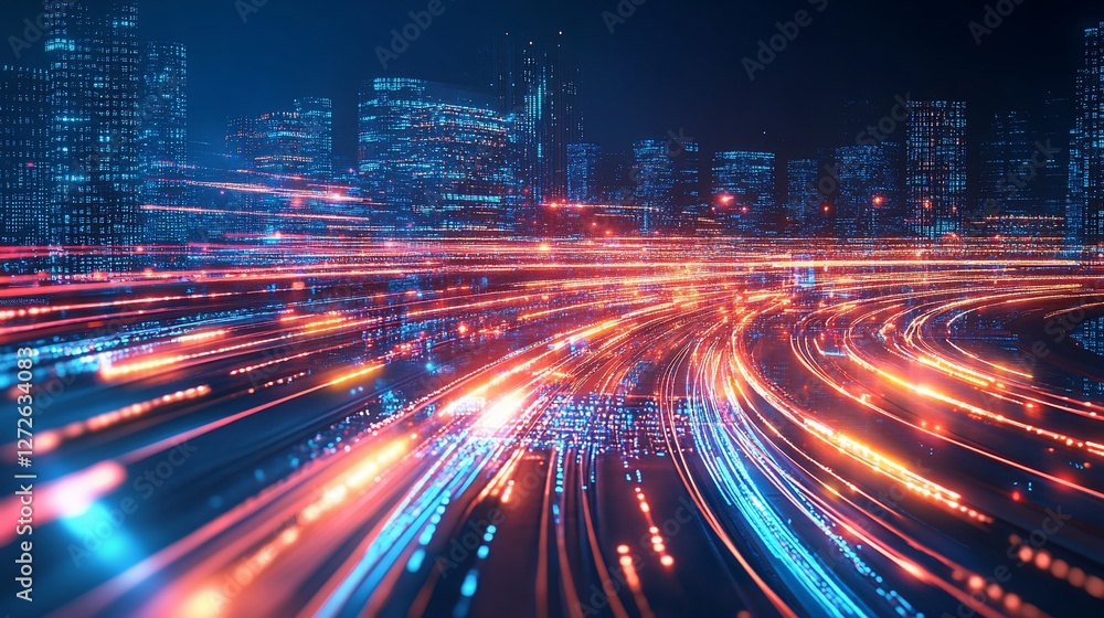 Poster futuristic cityscape with data streams and light trails
