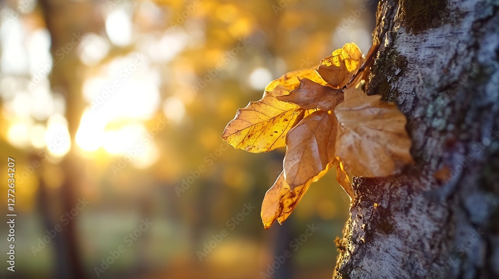 Poster close up of autumn leaves on tree bark with glowing sunlight in background : generative ai