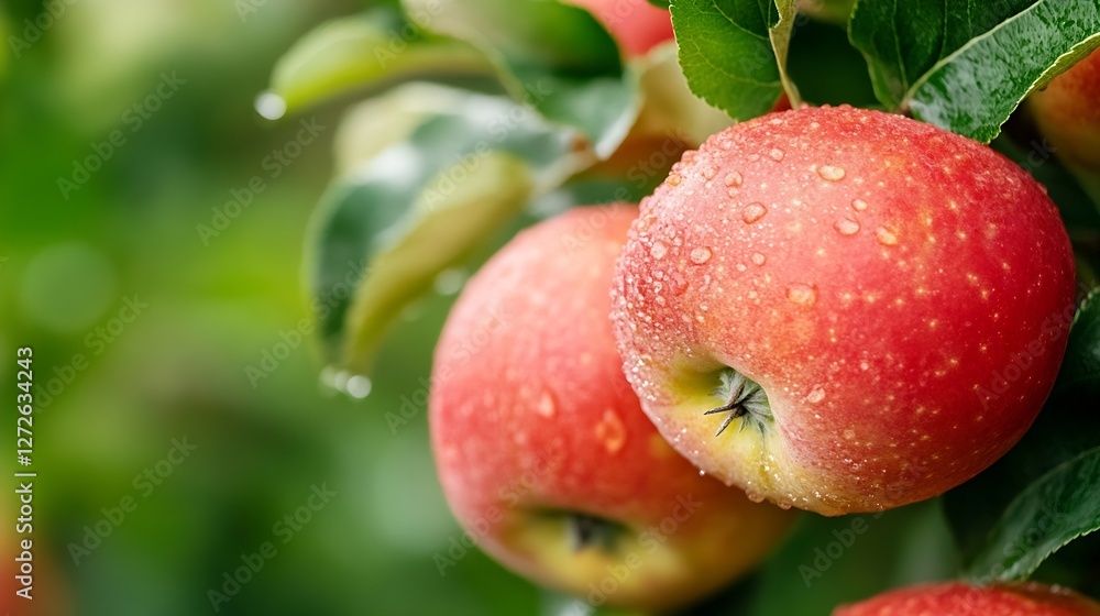 Poster fresh red apples with water droplets on a lush green apple tree : generative ai