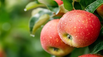 Obraz premium Fresh Red Apples with Water Droplets on a Lush Green Apple Tree : Generative AI