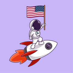 Little Cute Astronaut Holding Flag Standing on. Cartoon Logo Illustration Design. Flag and background is easy to edit Premium Vector File. Can use for Icon, Logo, banner, flyer or any design project