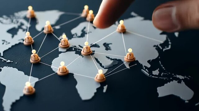 A hand points at a specific location on a global map, illustrating connections between individuals. This visual symbolizes the digital interaction and global networking happening across regions