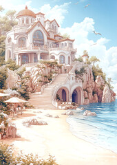 Naklejka premium Beautiful beach house with a stone staircase leading up to it. The house is surrounded by a lush green forest and a body of water. The scene is serene and peaceful, with the house