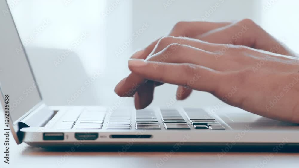 Poster A person is focused on typing on a laptop keyboard while seated at a wooden desk. The soft daylight illuminates the workspace, creating a serene atmosphere for work.