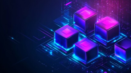 Abstract Digital Cubes Neon Glow Circuit Board