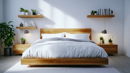 Minimalist white bedroom with a low wooden bed, white and gray bedding, floating shelves, and soft lighting on a transparent background, 4K ultra-realistic photo