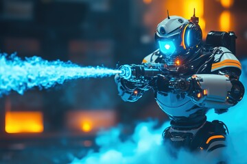 Futuristic firefighter robot battling blaze