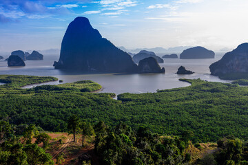 High angle nature background from a beautiful viewpoint of the mountain in the middle of the sea in...