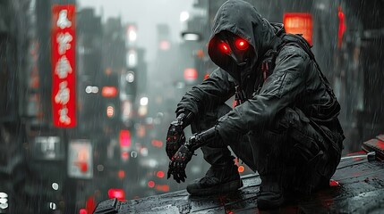 Cyberpunk figure crouching rooftop, rainy city backdrop, digital art, game concept