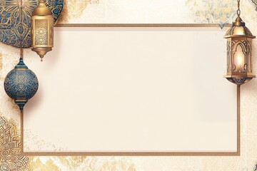 Islamic lanterns, blank frame, ornate background, celebration