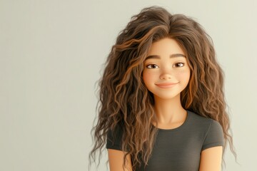 Fototapeta premium Charming animated character with long curly hair smiling against a soft pastel background in a casual outfit