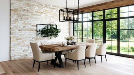 Fototapeta premium Modern farmhouse dining room with a rustic wood table, upholstered beige chairs, black metal lighting, and warm decor on a transparent background, 4K ultra-realistic photo
