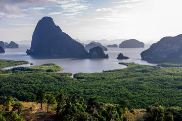 High angle nature background from a beautiful viewpoint of the mountain in the middle of the sea in Phang Nga, Samet Nang Chee viewpoint.