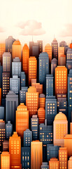 Obraz premium Cityscape with many buildings in different colors, including orange and blue. The buildings are tall and have many windows. The sky is cloudy, and the city appears to be lit up at night
