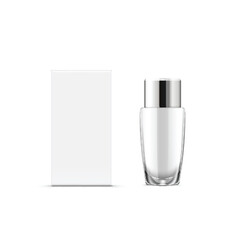 Blank Cosmetic Glass Jar with Silver Lid and Box Mockup. Vector