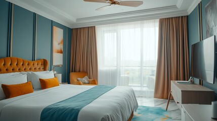 Obraz premium Luxurious hotel bedroom, city view, relaxing ambience