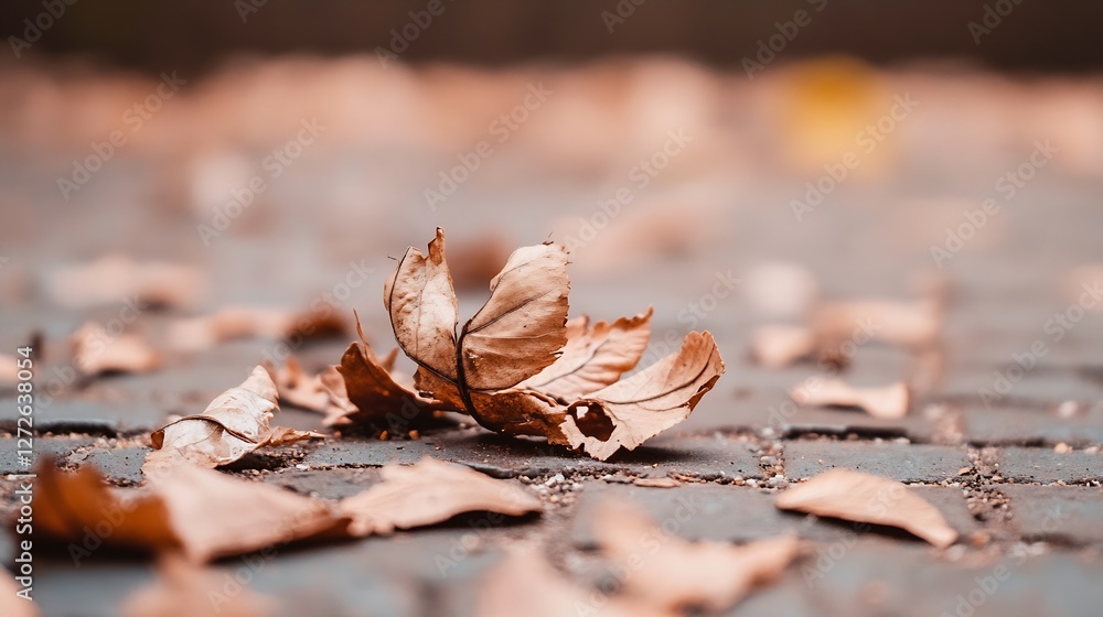 Poster dried autumn leaves on cobblestone pathway with a natural feel : generative ai
