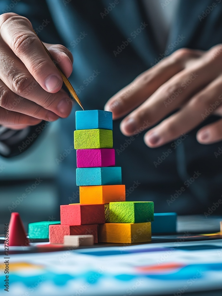 Poster Creative Hands Stacking Colorful Wooden Blocks During a Business Team Building Activity : Generative AI