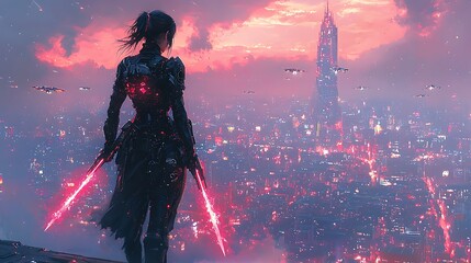 Cyberpunk warrior overlooking futuristic city, sunset, spaceships, potential game cover