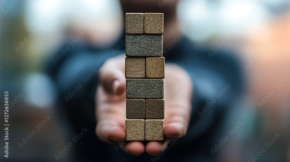 Poster wooden blocks stacked in hand against a blurred background for creative ideas and concepts : generat